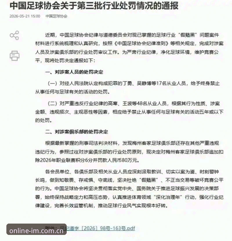中国足协第三批禁足名单公布：17人终身禁足，48人受罚——IM电竞平台用户深度解读
